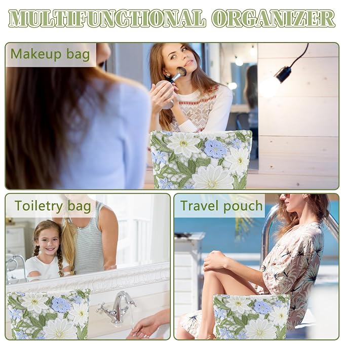 ZLFSRQ Lace Flower Makeup Bag Travel Cute Floral Cosmetic Bags for Women Large Toiletry Pouch Zipper Cosmetic Pouch for Purse Aesthetic Make up Organizer Bag Portable Toiletry Bags
