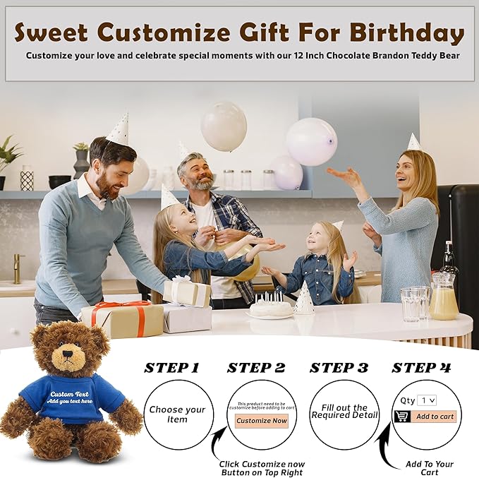 Customized Chocolate Brandon Bear - 12 inch Personalized Stuffed Bear Plush Toy - Perfect Custom Shirt Bear Gift for Graduation Valentines Graduation Easter Holidays (Royal Blue Shirt)