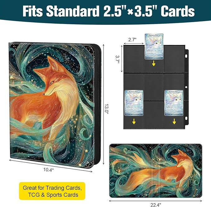 Trading Card Binder 9 Pocket, 900-Pocket Zippered 3-Ring Card Binder with 50 Double-Sided Pages, Fits 2.5" x 3.5" Cards, Acid-Free PVC-Free, Water-Resistant PU Cover, Wrist Strap, Fox Design