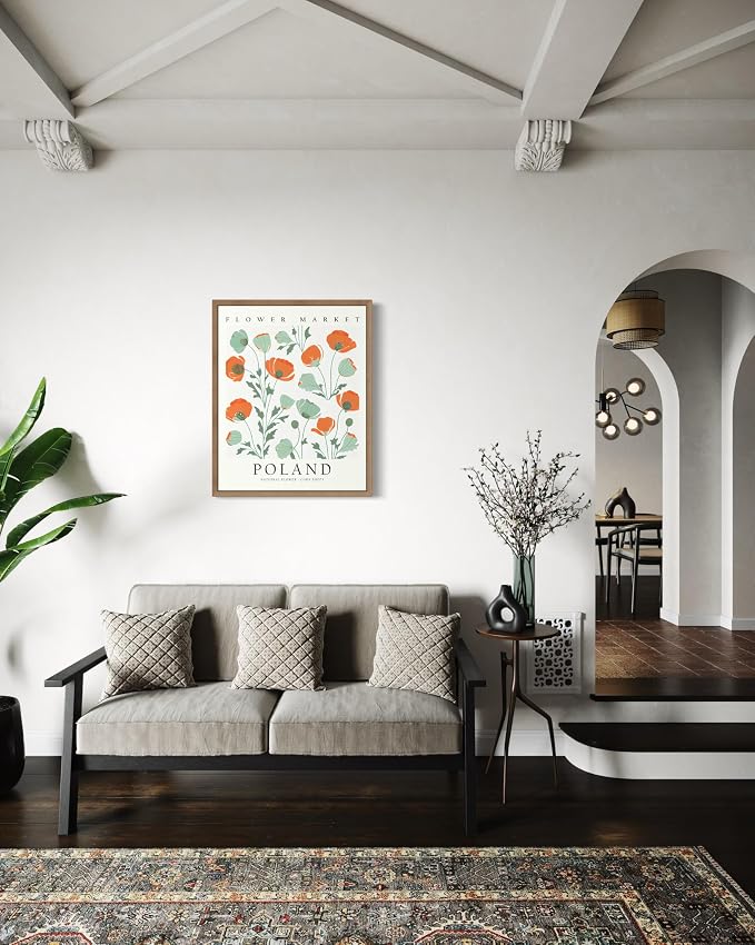 Poland Flower Market Art Print Poster, Wall Art Floral Painting Botanical Decor for Bedroom, Kitchen, Bathroom Livingroom Decoration 82B (Poland, 10"L x 8"W, Wood Frame)