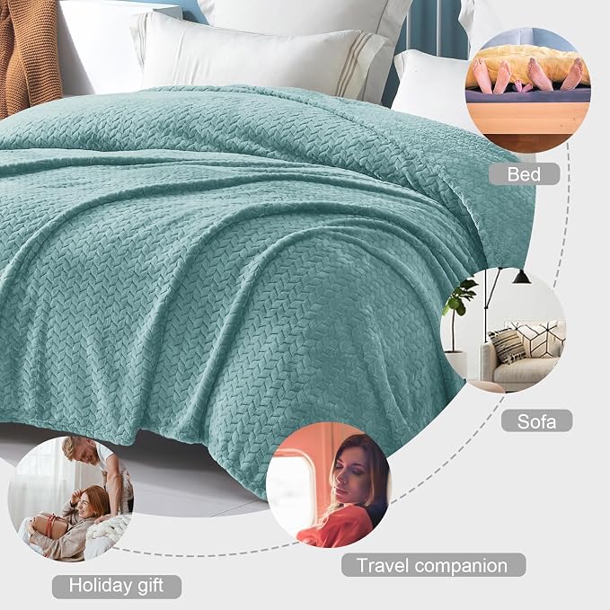 Exclusivo Mezcla Soft Fleece Bed Blanket Twin Size, 60”x80”, Celadon | Cozy Fluffy Lightweight Blankets for Summer, Decorative Plush Flannel Throws for Living room, Bedroom with Leaves Pattern