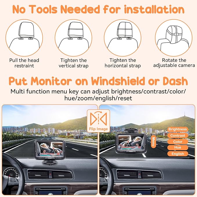 Rohent Baby Camera for Car 2 Pack - Dual HD 1080P Monitors with Night Vision, Adjustable Angles, Glare-Free Display, Easy Installation for Two Vehicles, Ideal for Road Trips