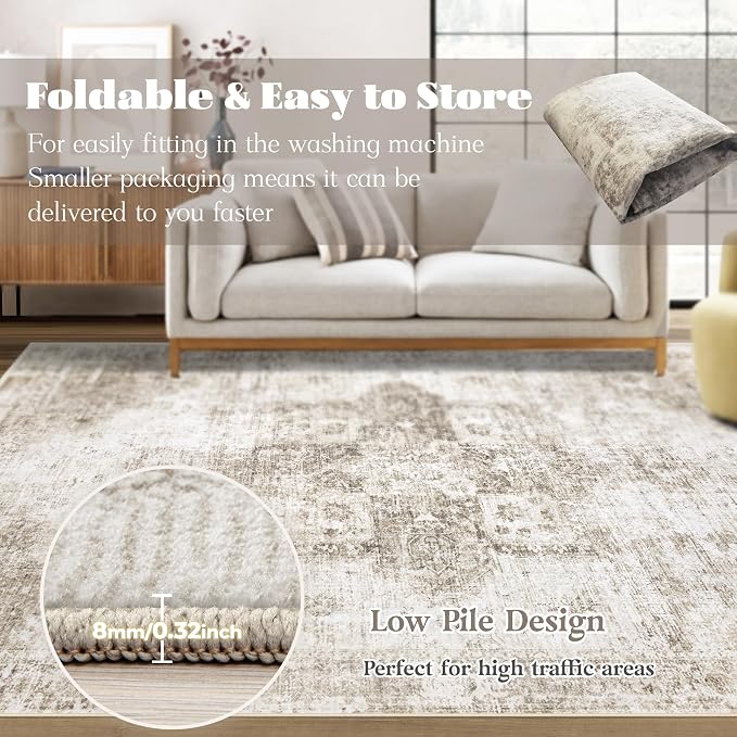Area Rug 4x6 Washable Rug, Vintage Boho Medallion Rugs Non-Slip Soft Low Pile Distressed Rug Indoor Retro Carpet for Living Room Bedroom Dining Room Home Office (Taupe, 4'x6')