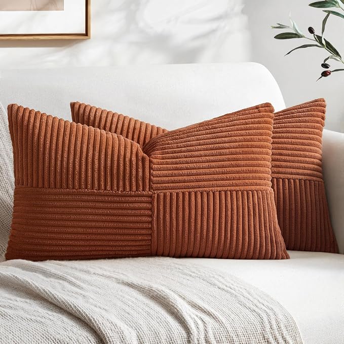 MIULEE Fall Rust Decorative Lumbar Throw Pillow Covers 14x24 Inch 2 Pack | Boho Farmhouse Pillow Covers, Soft Cross Corduroy Patchwork Textured Cushion Cases For Bed Sofa