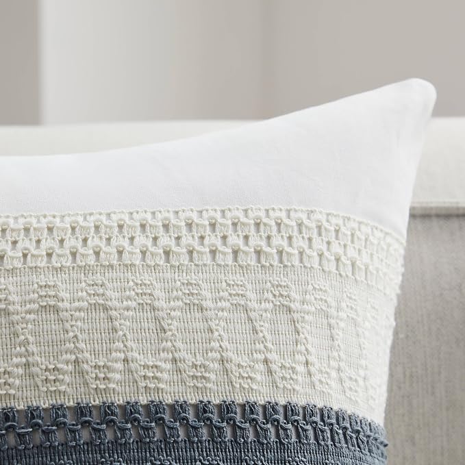 2pk Boho Pillow Covers 24x24, Natural White/Contrast/Navy | 100% Organic Cotton Body, Stripe Embroidery, Farmhouse Decorative Cushion Covers for Sofa Bed Living Room Home Decor