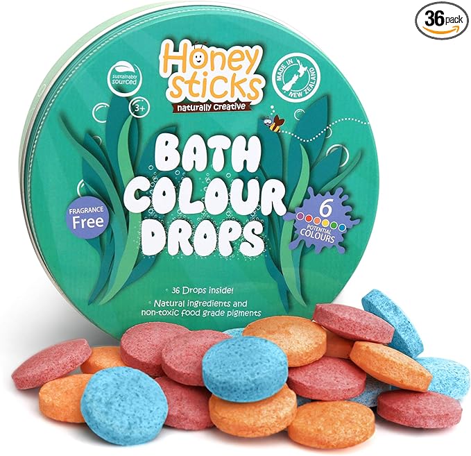 Honeysticks Bath Color Tablets for Kids - Non Toxic Bathtub Drops Made with Natural Ingredients and Food Grade Colors - Fragrance Free - Fizzy, Brightly Colored Bathtime Fun, Great Gift - 36 Drops