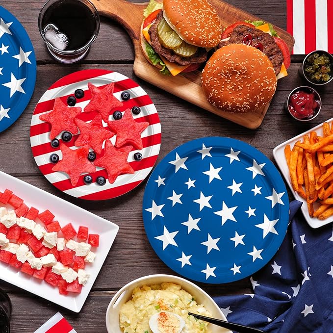4th of July American Flag Patriotic Party Supplies Disposable Paper Plates Napkins Cocktail Napkins Cups Tablecloth and Banner for Election Day 4th of July Independence Day Decorations, Serve 25