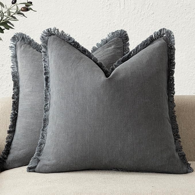 Foindtower Set of 2 Decorative Linen Fringe Throw Pillow Covers Cozy Boho Farmhouse Cushion Cover with Tassels Soft Accent Pillowcase for Couch Sofa Bed Living Room Home Decor, 16×16 Inch, Gray
