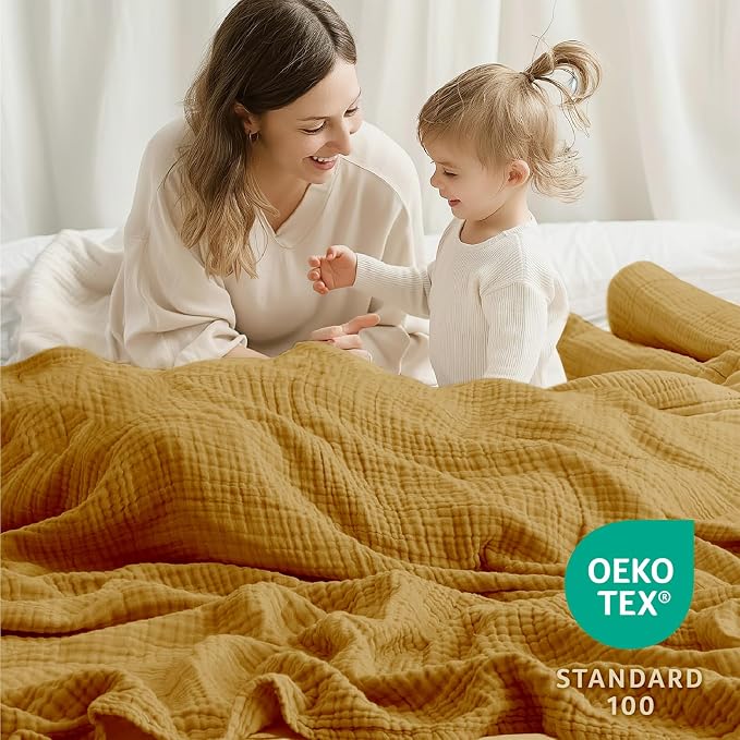 100% Cotton Muslin Blanket California King 120" x 90", 6 Layers Breathable and Lightweight Oversized Blankets for Bed, Soft Cooling Gauze Blanket for Adults All Season, Camel