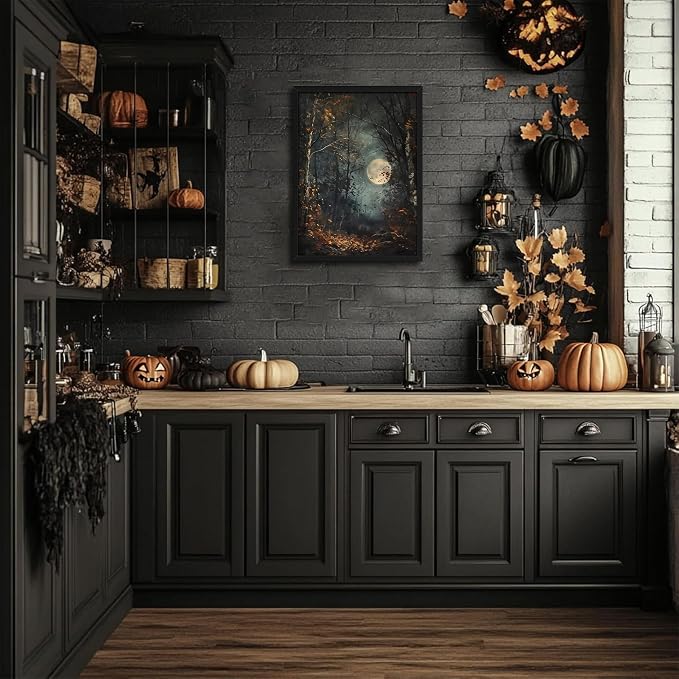 Vintage Framed Wall Art, Forest Gothic Decor, Dark Academia Celestial Moon Canvas Prints, Moody Landscape Painting Wall Decor for Living Room Bedroom – Black Wooden Frame 16x24in