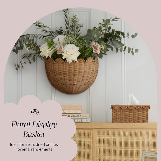 BEBE BASK The Original Scalloped Wicker Wall Basket – Set of 2 (16x10x7 In) | Handwoven Scalloped Wall Baskets, Rattan Wall Hanging Baskets, Wall Storage Basket for Nursery, Living Room, Mocca