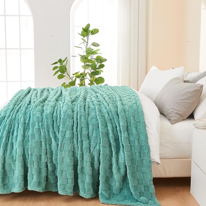 NEWCOSPLAY 3D Checkered Flannel Twin Blanket, Mint Green, 60"x80" | Super Soft Cute Lightweight Decorative Premium Silky Fleece Blanket for Couch Sofa Bed, Gift for Women Men, All Season Use