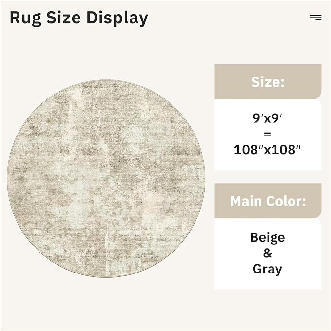 Soalmost Round Rugs 9ft Living Room Circle Area Rug 9x9 Beige/Gray Vintage | Washable Non Slip Abstract Carpet for Apartment, Dining Bedroom, Soft Low Pile Stain Resistant Foldable Floor Mat Entryway