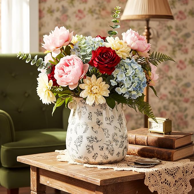 Ceramic Scroll Planter 6.5 Inch Chinoiserie Floral Vase with Drainage Holes Vintage Flower Vase Flower Pot Rustic Ceramic Pots for Indoor Plants Garden Home Bookshelf Decor(Leaves)