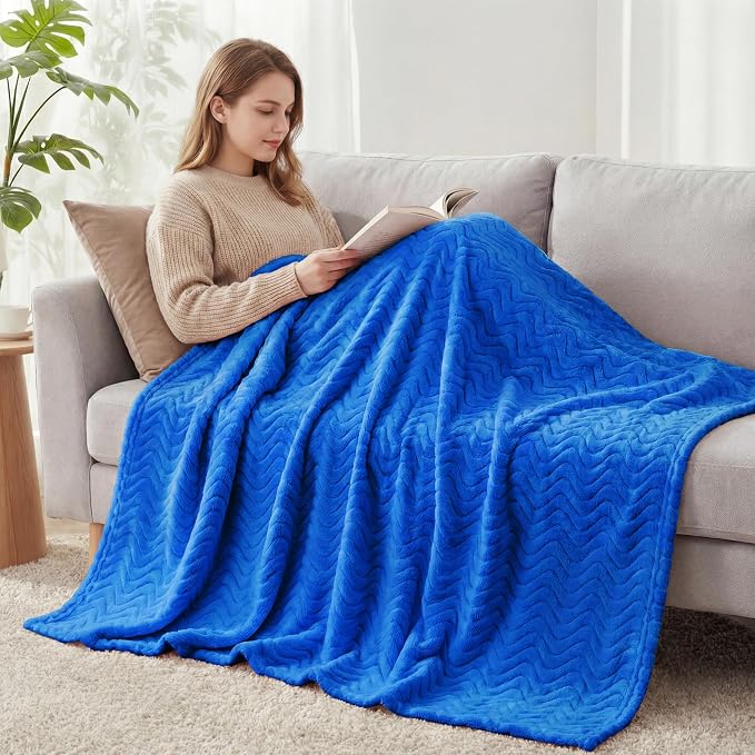 Exclusivo Mezcla Large Fleece Throw Blanket for Couch, Sofa, Cobalt Blue | 50"x70" Soft Breathable Lightweight Flannel Throws for Summer, Plush Cozy Jacquard Wave Blanket for Home Decor