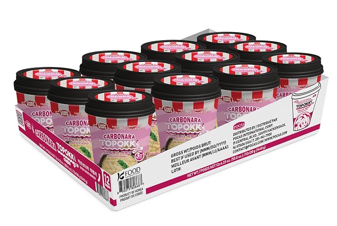 POCAS Chef Kim's Korean Instant Topokki Rice Cake Cups, Microwaveable Rice Cake Snack, Ready in 3 Minutes, 4.2 oz (120g) per Cup, 12 Tteokbokki Cups per Case, Authentic Korean Street Food. (Carbonara)