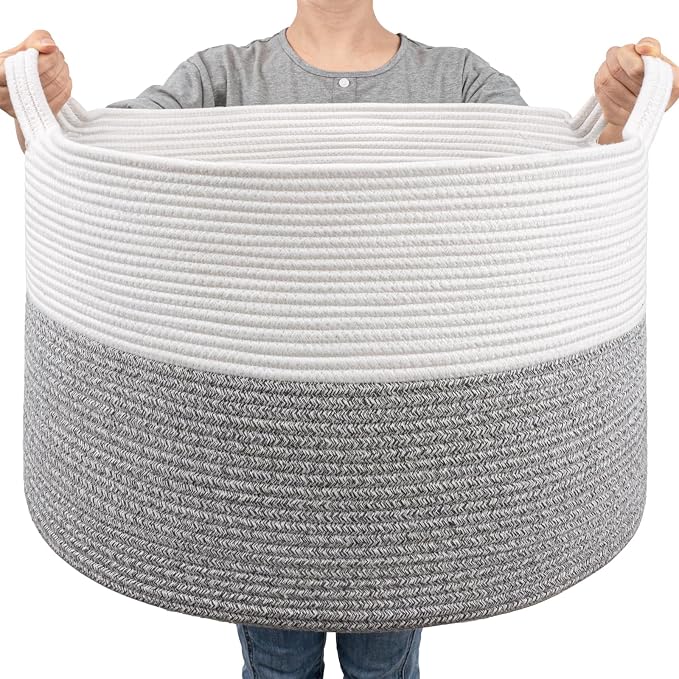 Goodpick Woven Blanket Basket Living Room, Toy Bin for Playroom, 85L | 21.7 x 21.7 x 13.8 In Toy Storage Basket for Nursery, Blanket Basket for Living room, Laundry Basket, Light & Grey