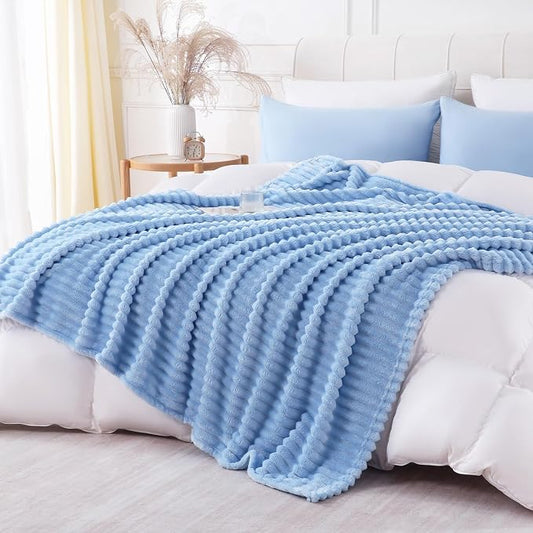 Light Blue Throw Blanket for Couch Sofa 90x90 inches Striped Design | Fleece Blankets Room Home Decor Lightweight Plush Soft Cozy Gifts for Women Mom