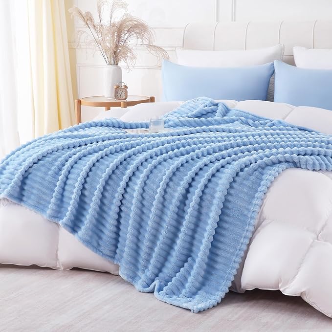 Light Blue Throw Blanket for Couch Sofa 50x60 inches Striped Design | Fleece Blankets Room Home Decor Lightweight Plush Soft Cozy Gifts for Women Mom
