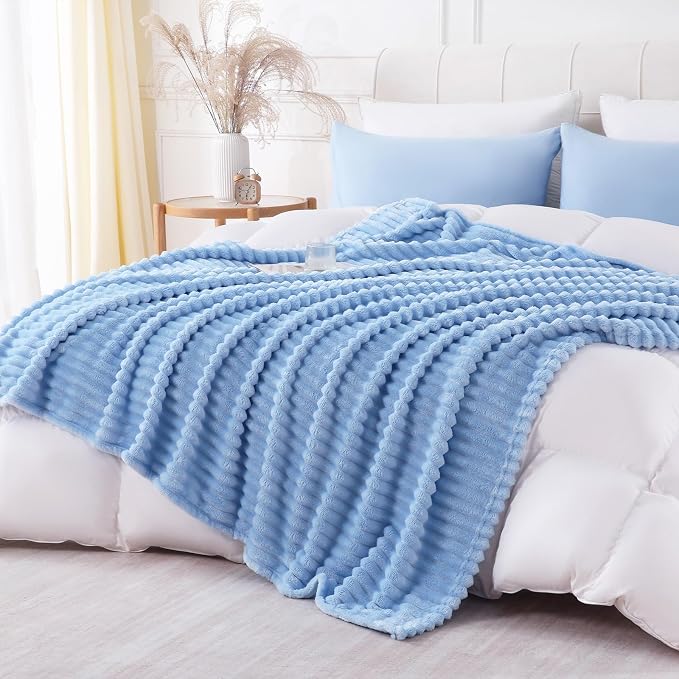 Light Blue Throw Blanket for Couch Sofa 50x70 inches Striped Design | Fleece Blankets Room Home Decor Lightweight Plush Soft Cozy Gifts for Women Mom