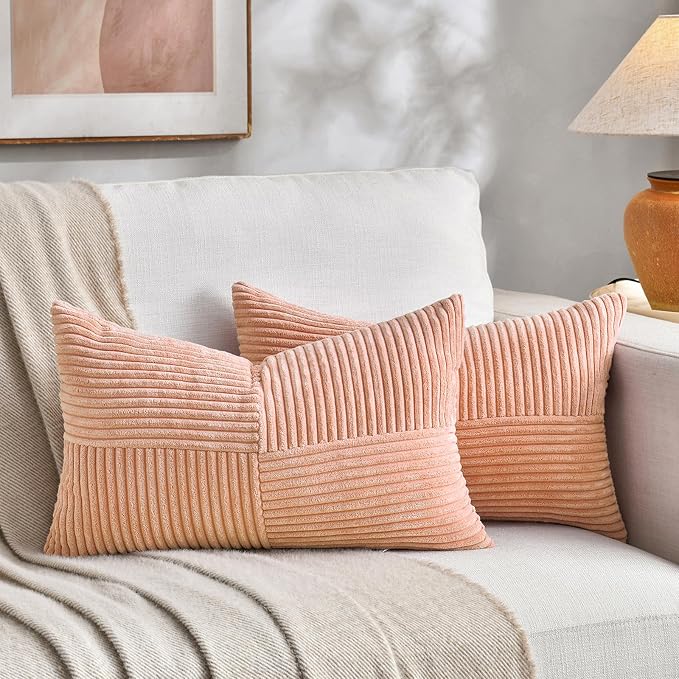 Fancy Homi 2 Packs Peach Lumbar Decorative Throw Pillow Covers 16x28 Inch for Living Room Couch Bed Sofa, Rustic Farmhouse Boho Home Decor, Soft Striped Corduroy Rectangle Accent Cushion Case 40x70 cm
