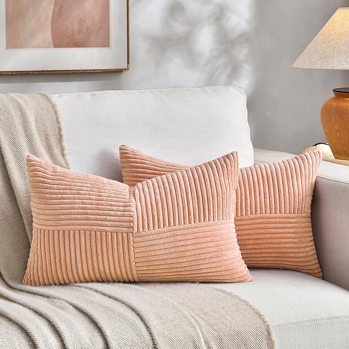Fancy Homi 2 Packs Peach Lumbar Decorative Throw Pillow Covers 16x32 Inch for Living Room Couch Bed Sofa, Rustic Farmhouse Boho Home Decor, Soft Striped Corduroy Rectangle Accent Cushion Case 40x80 cm