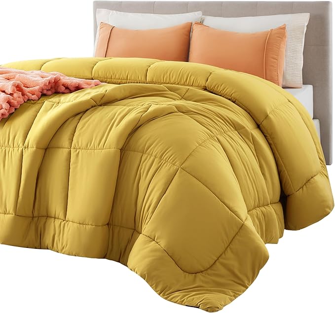 Bedsure Comforter Duvet Insert - Quilted Comforters Twin Size, All Season Duvet, GentleSoft Down Alternative Bedding Blanket, with 8 Tabs, Gifts for Women/Men, Mustard Yellow, Twin 88 x 68 Inches