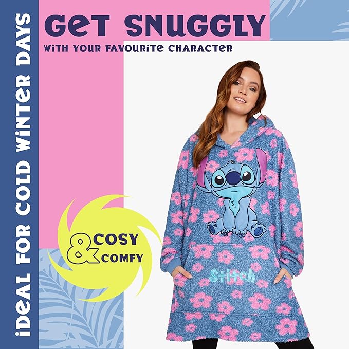 Disney Fleece Hoodie for Adults and Teenagers Oversized Hooded Poncho One Size - Stitch Gifts