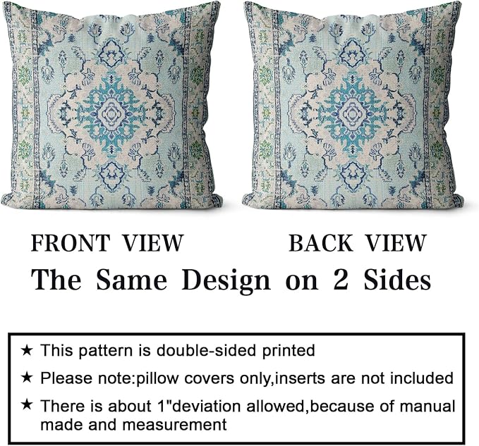 Snycler Boho Throw Pillow Covers 18x18 inch Set of 2 Teal Blue Boho Rug Carpet Double Sided Pattern Cotton Soft Pillow Case Cushion Cover Pillowcase for Couch Sofa Bed Decorative