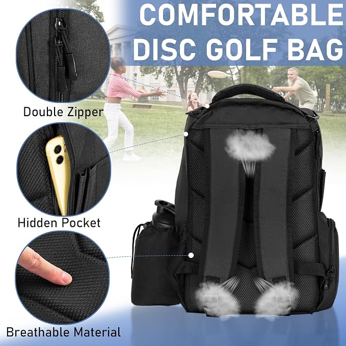 Disc Golf Bag Holds 10-25+ Discs, Disc Golf Backpack, Large Capacity Golf Bags with Mutiple Pockets, Disc Golf Accessories or Great Gifts for Men (Black)