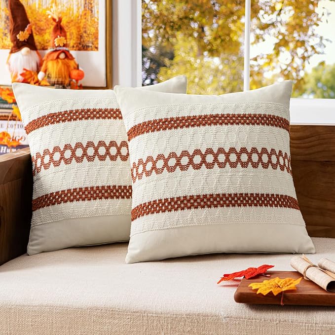 MIULEE Set of 2 Fall Burnt Orange Decorative Pillow Covers 20x20 | Farmhouse Boho Couch Throw Pillows, Modern Cotton Cushion Covers, Macrame Woven Home Decor for Bed Sofa Chair