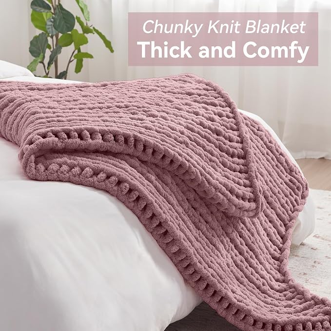 Negwoo Chunky Knit Throw Blanket, Knitted Throw Chenille Yarn, 80"*90" | Soft Thick Cable Knitted Blankets, Handmade Big Thick Blanket, Machine Washable Cute Comfy Blanket for Home Decor, Muted pink