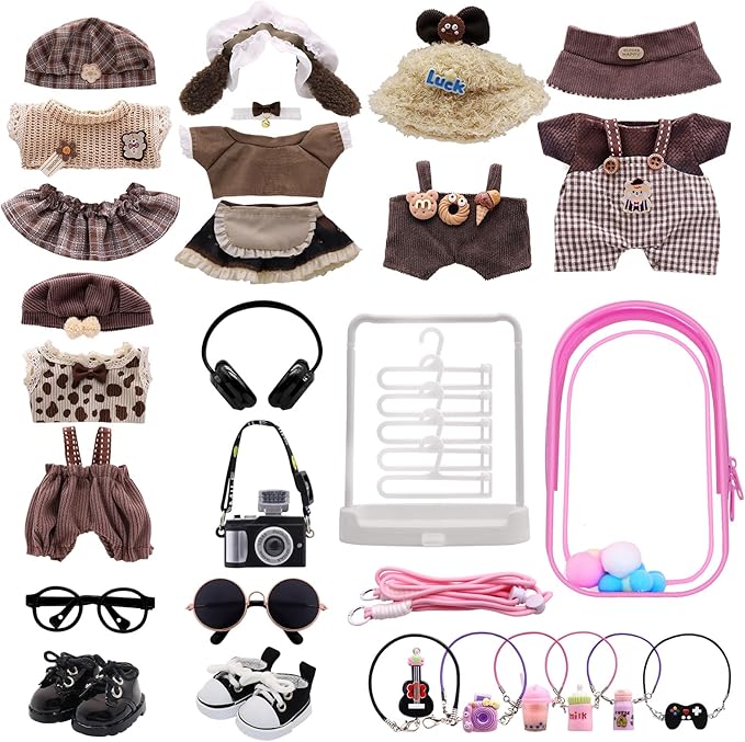 5-Pack Clothes Set Designed for Labubu Clothes with Accessories Set, Includes 6 Mini Accessories, Display Bag, Clothes Rack, Headphones, Camera, Sunglasses, Shoes Accessories for Labubu - Style C