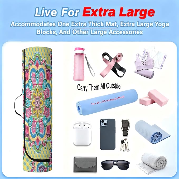 Spacious Extra Large Storage Yoga Mat Bag | Huge Capacity Mandala Gym Tote - Waterproof Wear-Resistant Carrier Strap Pilates