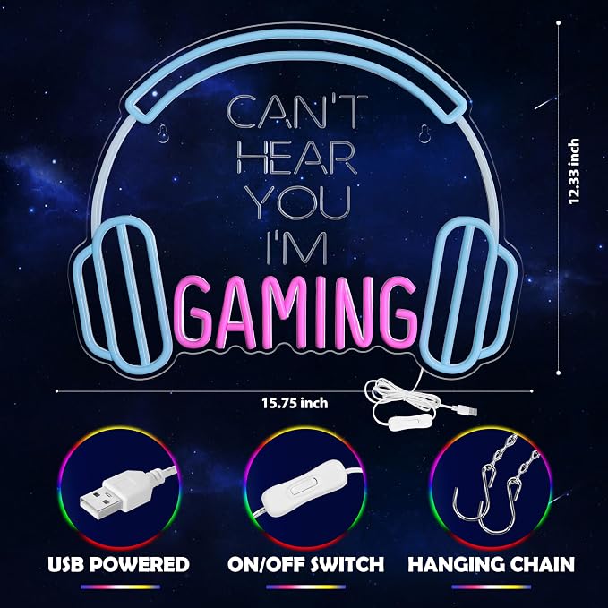 Kavaas Gamer Neon Sign, Neon Headphone Signs for Gaming Room Decor - Can't Hear You I'm Gaming Headset LED Light Sign for Teen Boys Room Decor - Best Gamer Gifts for Teenage Boys, Kids