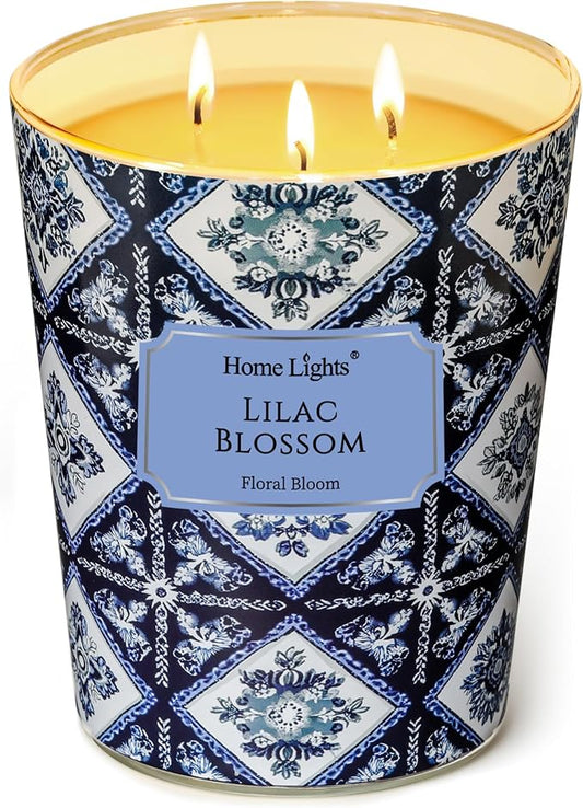HomeLights Lilac Blossom Scented Candles | 34oz Soy Candles Bohemian Natural Textures 3-Wick Large Candle Jars | Ideal Candle Gifts for Events, Home Decor Stress, Relief & Relaxation