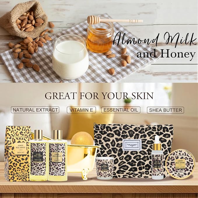 Spa Gift Basket, Spa Kit for Women, Honey & Almond Bath & Body Gift Set | Home Spa Bath Gift Basket, Travel Cosmetic Bag Bath Set Christmas Gifts, Pamper Kit for Women, Birthday Bath Self Care Gift