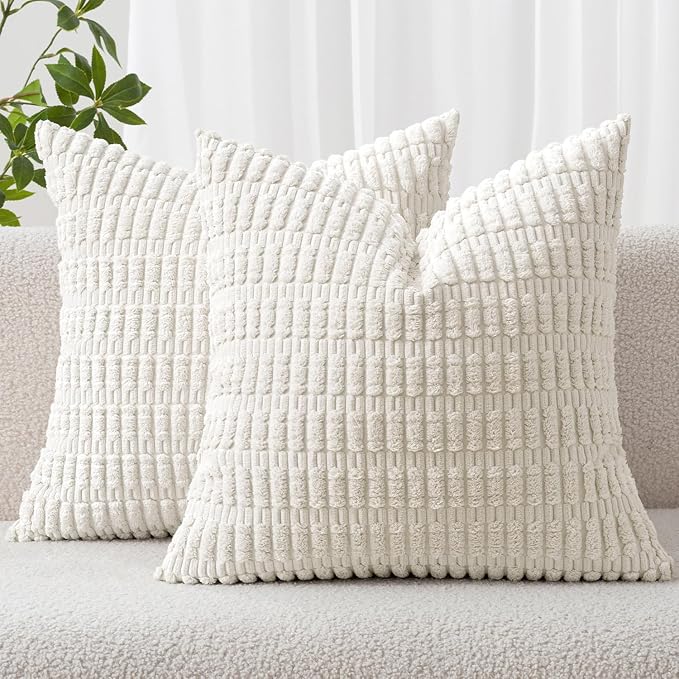 MIULEE Corduroy Decorative Throw Pillow Covers 20x20 Pure White Pack of 2 | Soft Boho Striped Pillow Covers Modern Farmhouse Home Decor For Sofa Living Room Couch Bed