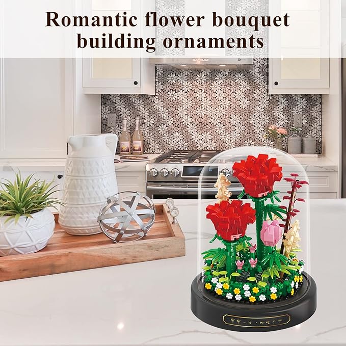 Flower Bouquet Set,Mini Bricks Botanical Collection Flowers Building Blocks,Artificial Plant Bonsai Tree Friend Set,New Year Valentines Birthday Gift for Mom Girls Women Adults(Red)
