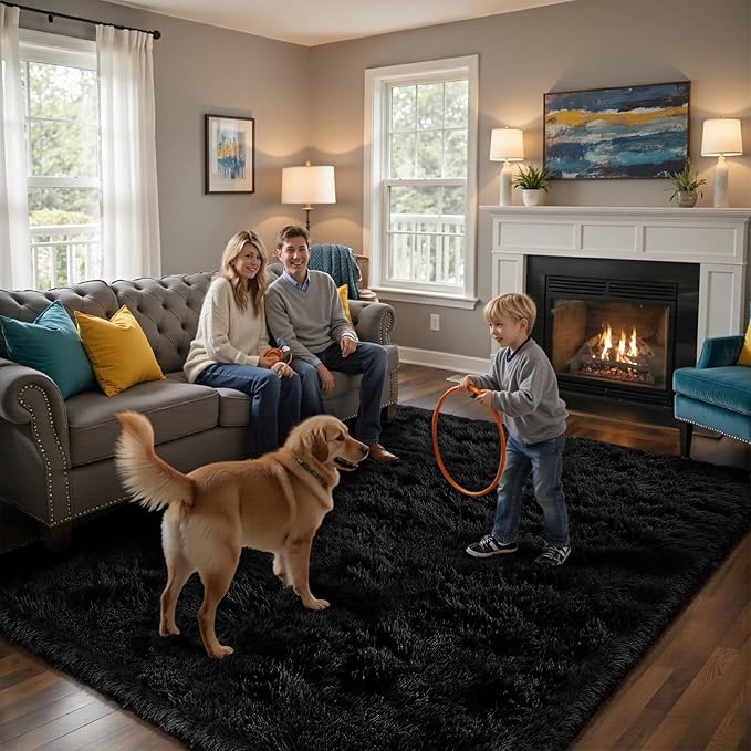Soft Runner Rugs for Bedroom, Black 3x7 Area Rugs Fluffy Rug Shag Area Rug Carpet, Bedside Rug for Living Room Bedroom Room Home Decor
