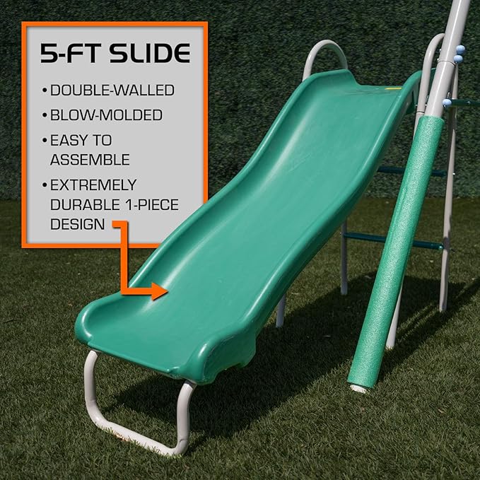 The Swing Company 600LBS Yonkers Metal Swing Set, Outdoor Backyard Playset Kids Aged 3-8 with 2 Swings, Glide Ride, Trapeze, 5ft Slide, Anchor Kit, 6ft Durable Steel Frame