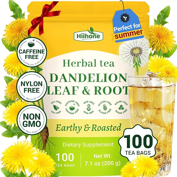 Hiihone Dandelion Root & Leaf Tea Bags 100 Count – Caffeine-Free Dandelion Herbal Tea, Supports Liver Cleanse, Detox & Digestion, Roasted Dandelion Root Tea, Natural Non-GMO