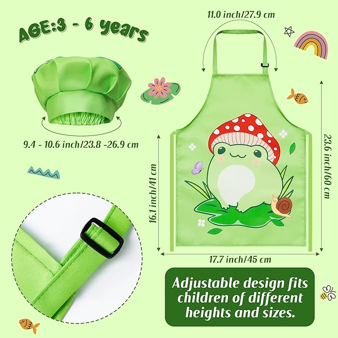 R HORSE Kid Apron and Chef Hat Set - 2Pcs Frog Adjustable Children Kitchen Apron Dress up Role Play Chef Toy Kid Cooking Gift Birthday for Kids Cooking Baking Painting and Training