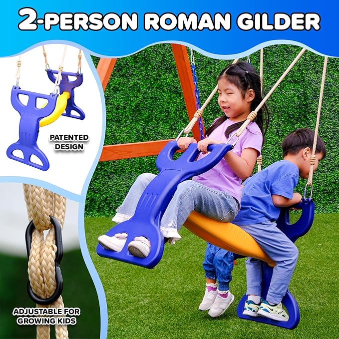 Sportspower Madison Cedar Wooden Swing Set: 2 Height Adjustable Swings and 2 Person Roman Glider Swing, Backyard Outdoor Playset for Kids