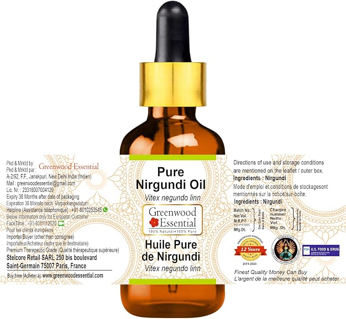 Greenwood Essential Nirgundi Oil (Vitex negundo Linn) with Glass Dropper | Infused | Pure | Non-Sticky | Fast Absorbing | for Massage Blends | Men & Women | Herbal Aroma | 50ml (1.69 oz)