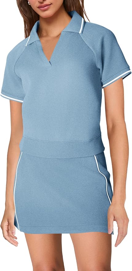 Womens Workout Sets 2 Piece Outfits V Neck Short Sleeve Polo Shirt and Tennis Skort Set with Pockets
