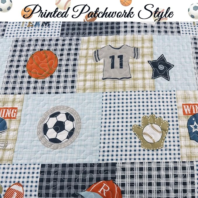Cozy Line Home Fashions Blue Sports Baseball Basketball Soccer Ball Football Quilt Set Bedspread Coverlet for Boys Kids (Sport, Twin - 2 Piece)