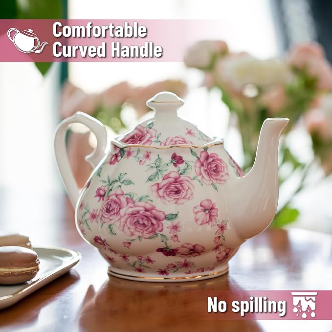 BTaT- Floral Tea Pot with Gift Box, 38 oz, White with Pink Roses & Gold Trim, Porcelain Teapot Ceramic, Dishwasher Safe