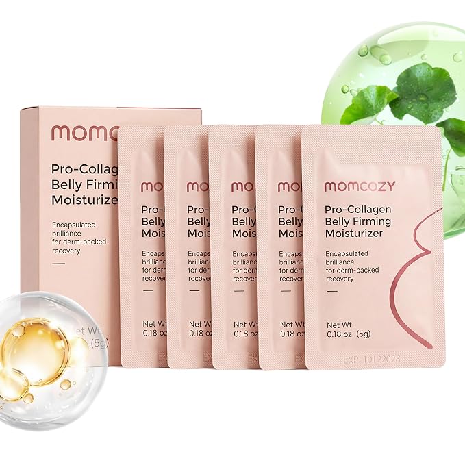 Momcozy Belly Cream 5-Day Trial Pack, EWG Verified, Clinically Tested Anti Stretch Mark Moisturizer, Peptides & Organic Herb Oils, Dermatologist Tested, 0.9 oz (5 x 5g Sachets)