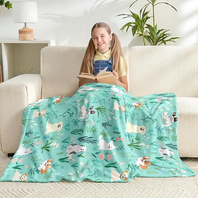 Wajade Floral Puppy Dog Blanket for Kids Toddler Soft Flannel Sage Green Bed Blanket for Kids Adults Teens Plush Cute Christmas Birthday Gifts 50"x60"